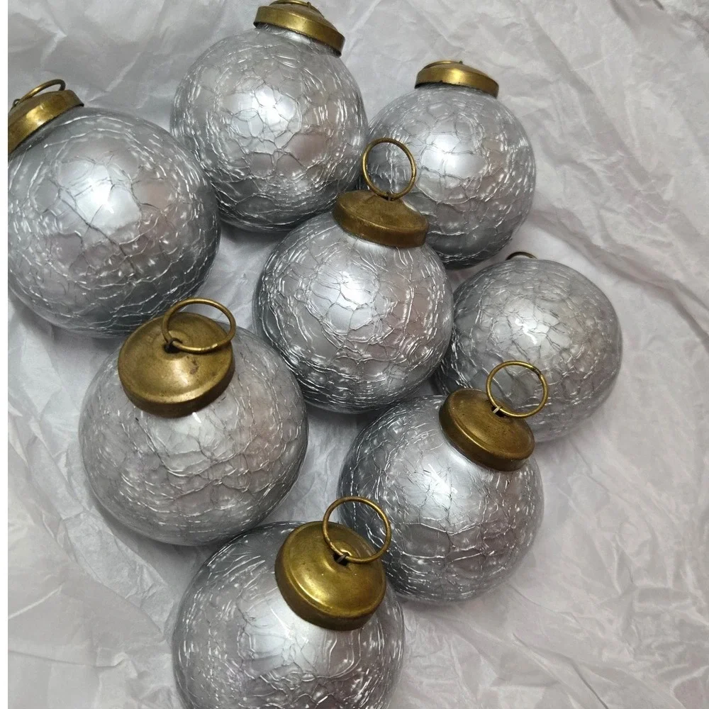 Restoration Hardware Silver Crackle Glass Christmas Ornaments Set of 8 Brass Cap